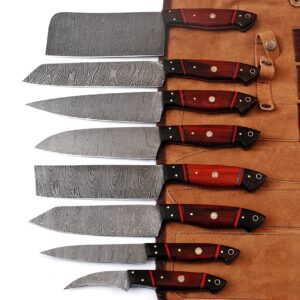 GladiatorsGuild G24RD- Professional Kitchen Knives Custom Made Damascus Steel 8 pcs of Professional Utility Chef Kitchen Knife Set with Chopper/Cleaver Pocket Case Chef Knife Roll Bag G24RD (Red)