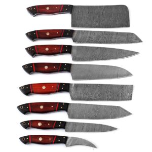 GladiatorsGuild G24RD- Professional Kitchen Knives Custom Made Damascus Steel 8 pcs of Professional Utility Chef Kitchen Knife Set with Chopper/Cleaver Pocket Case Chef Knife Roll Bag G24RD (Red)