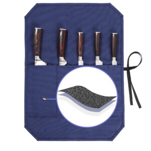 chef knife roll, heavy duty 16oz waxed canvas knife roll, 5 slots knife bag with professional cut resistant fabric, blue (21"l x 15.5"w)