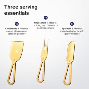 Vintorio Cheese Knife Set (3-Piece, Gold) - Stainless Steel Serving Knives for Charcuterie Boards and Dessert Platters