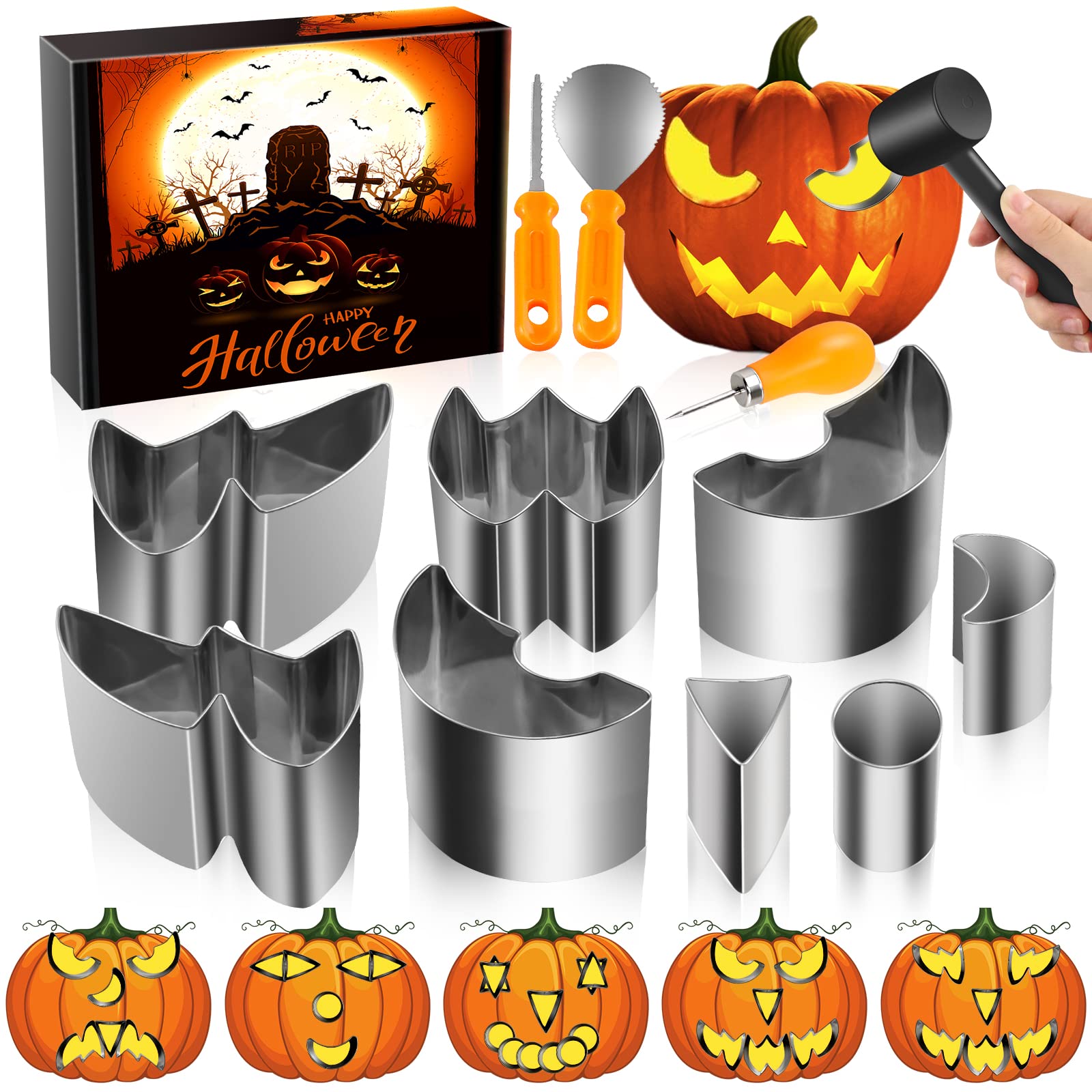 【2022 NEW】 Professional Halloween Pumpkin Carving Kit/Pumpkin Carving Tools/Pumpkin Carving Kit with Stencils for Kids&Adults, Stainless Steel with Hammer for Halloween Decoration Lanterns-12PCS