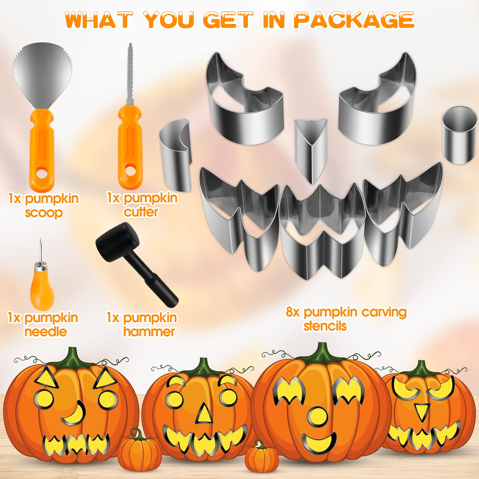 【2022 NEW】 Professional Halloween Pumpkin Carving Kit/Pumpkin Carving Tools/Pumpkin Carving Kit with Stencils for Kids&Adults, Stainless Steel with Hammer for Halloween Decoration Lanterns-12PCS