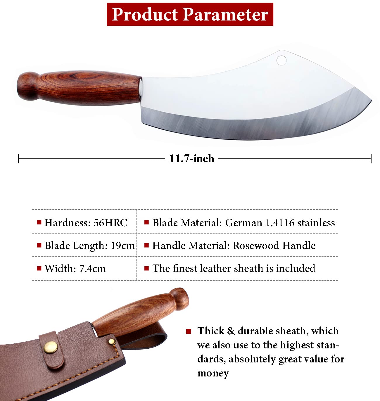 KOPALA Quality Kitchen Knife Razor Sharp Cleaver Knives for Cooking Camping Grill, German Steel Knife with Leather Sheath