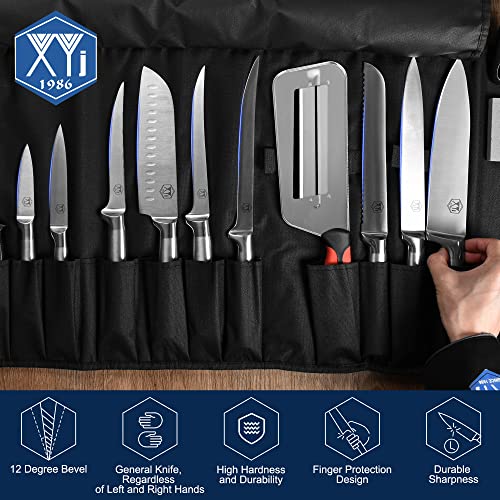 XYJ Authentic Since 1986,9-pieces Professional Japanese Chef Knife Set With Roll Bag,Vegetable Slicer Peeler Stainless Steel Slicing Bread Santoku Knife Kitchen Cutting Cooking Tools Set