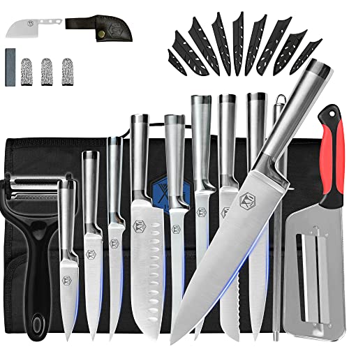 XYJ Authentic Since 1986,9-pieces Professional Japanese Chef Knife Set With Roll Bag,Vegetable Slicer Peeler Stainless Steel Slicing Bread Santoku Knife Kitchen Cutting Cooking Tools Set