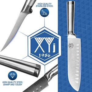 XYJ Authentic Since 1986,9-pieces Professional Japanese Chef Knife Set With Roll Bag,Vegetable Slicer Peeler Stainless Steel Slicing Bread Santoku Knife Kitchen Cutting Cooking Tools Set