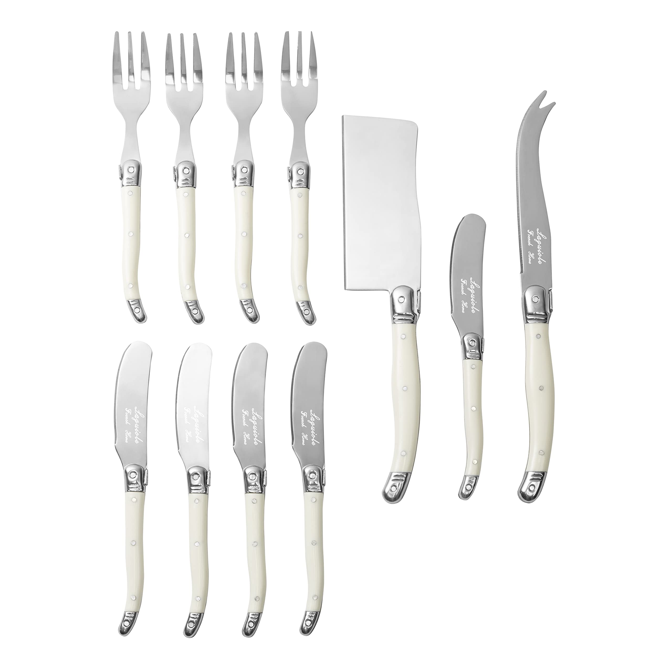 French Home Laguiole Charcuterie Serving Utensils Set of 11 – Kit w/Fork Tipped Spear, Fork Set, Butter Spreader & More– Cheese Serving Utensils w/Faux Ivory Handles for Parties