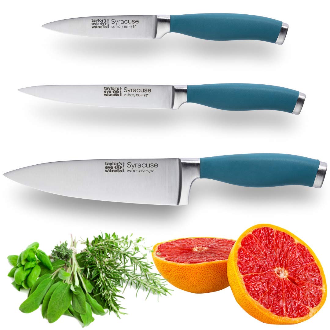 Taylors Eye Witness Syracuse Kitchen Knife 3pce Set - Paring 8cm/3.5”, Chefs 15cm/6” & Cooks All Purpose 13cm/5” Cutting Edge. Ultra Fine, Razor Sharp Blade. Soft Textured Grip Air Force Blue Handle