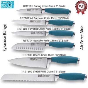 Taylors Eye Witness Syracuse Kitchen Knife 3pce Set - Paring 8cm/3.5”, Chefs 15cm/6” & Cooks All Purpose 13cm/5” Cutting Edge. Ultra Fine, Razor Sharp Blade. Soft Textured Grip Air Force Blue Handle