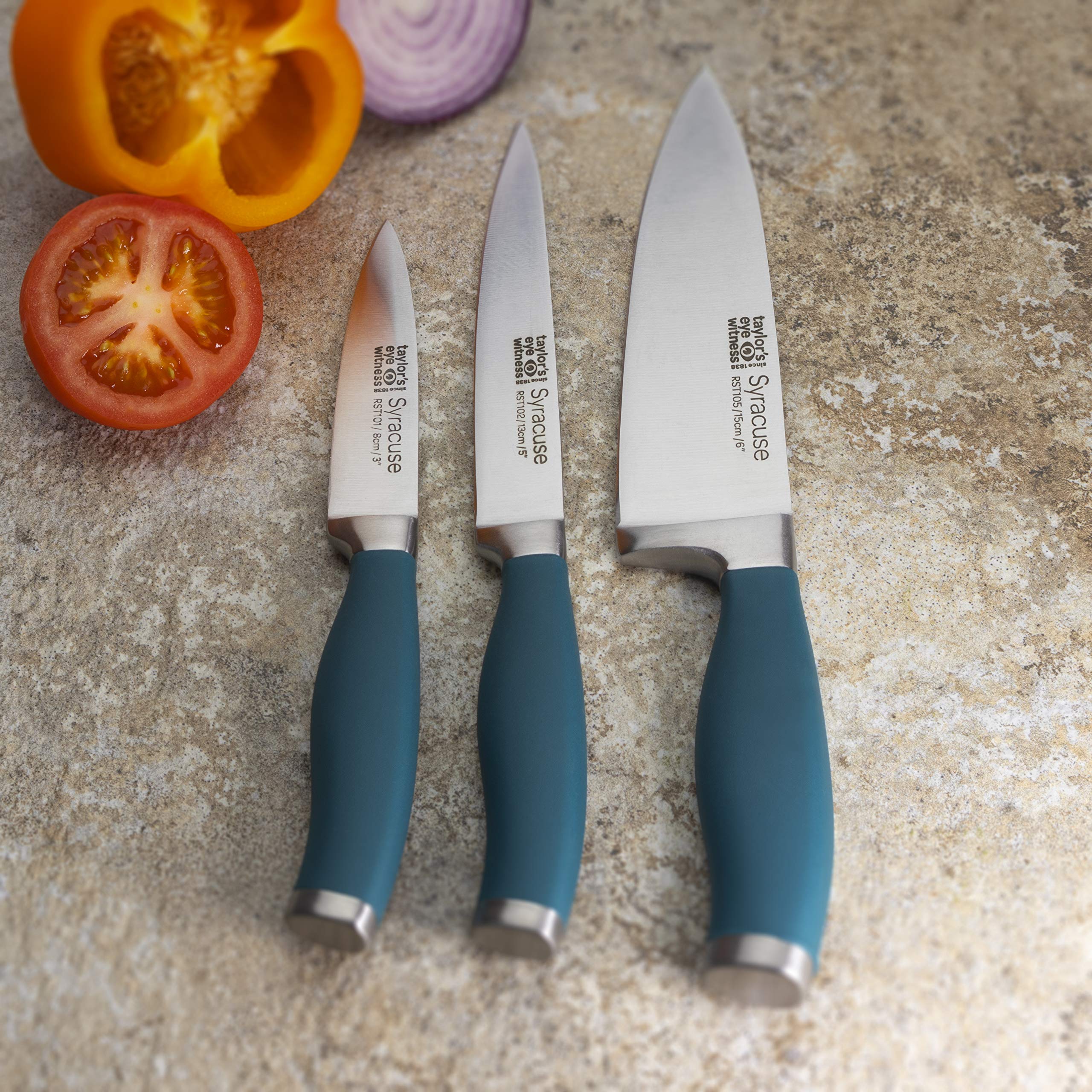 Taylors Eye Witness Syracuse Kitchen Knife 3pce Set - Paring 8cm/3.5”, Chefs 15cm/6” & Cooks All Purpose 13cm/5” Cutting Edge. Ultra Fine, Razor Sharp Blade. Soft Textured Grip Air Force Blue Handle