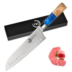 fukep santoku knife 7 inch santoku knife - 7cr17mov high carbon steel rozar sharp santoku chef knife - ergonomic blue resin handle, 2023 best knife for kitchen