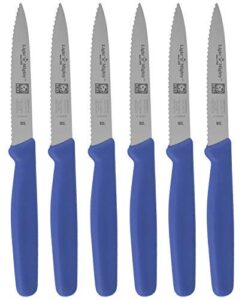 paring knives set – serrated paring knife set of 6 blue – stainless steel kitchen paring knives – small kitchen knives for slicing, dicing, chopping, meal prep – 4-inch blade sharp paring knives