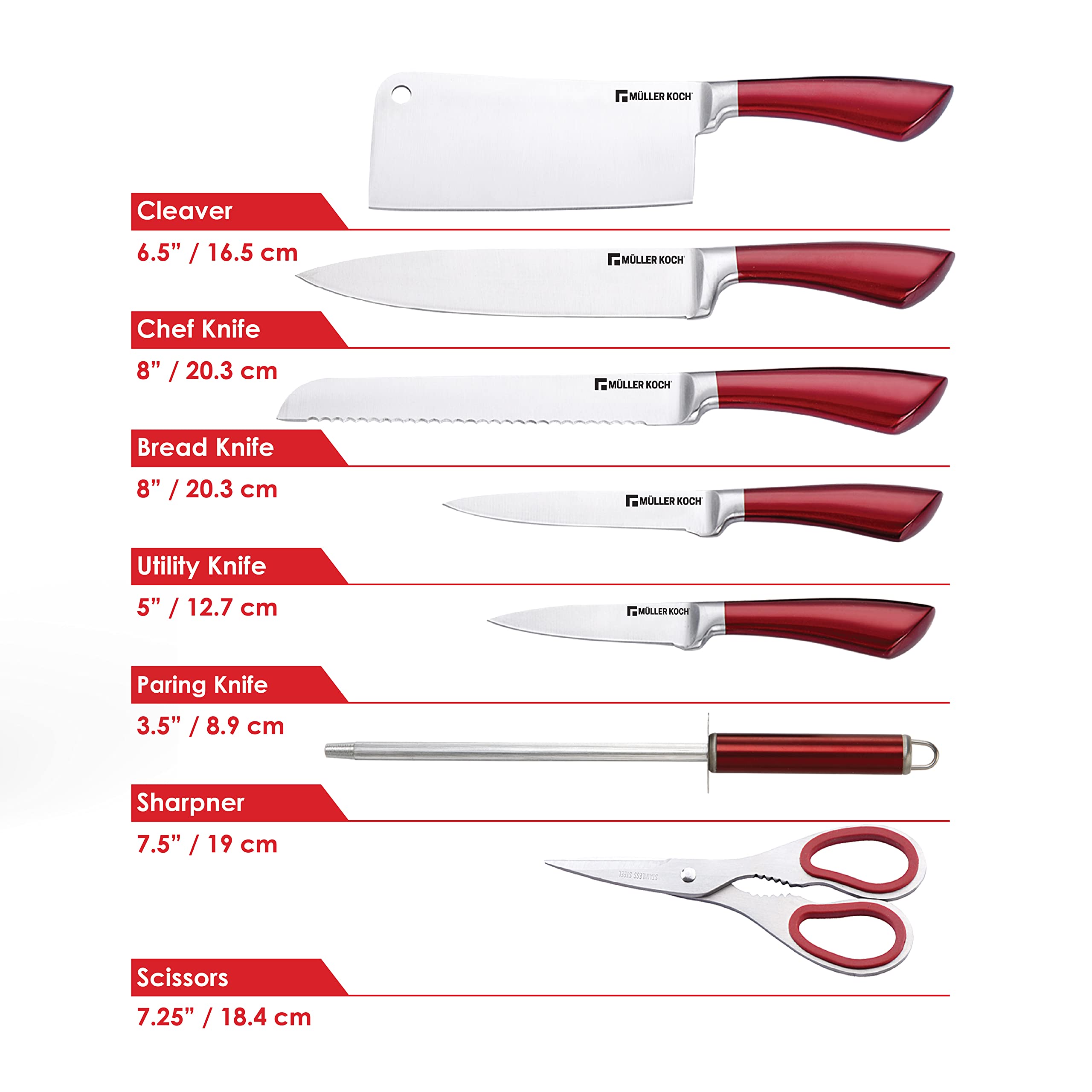 Müller Koch MK-2804 - 8 PCS Knife Set with Acrylic Block Stand (RED)