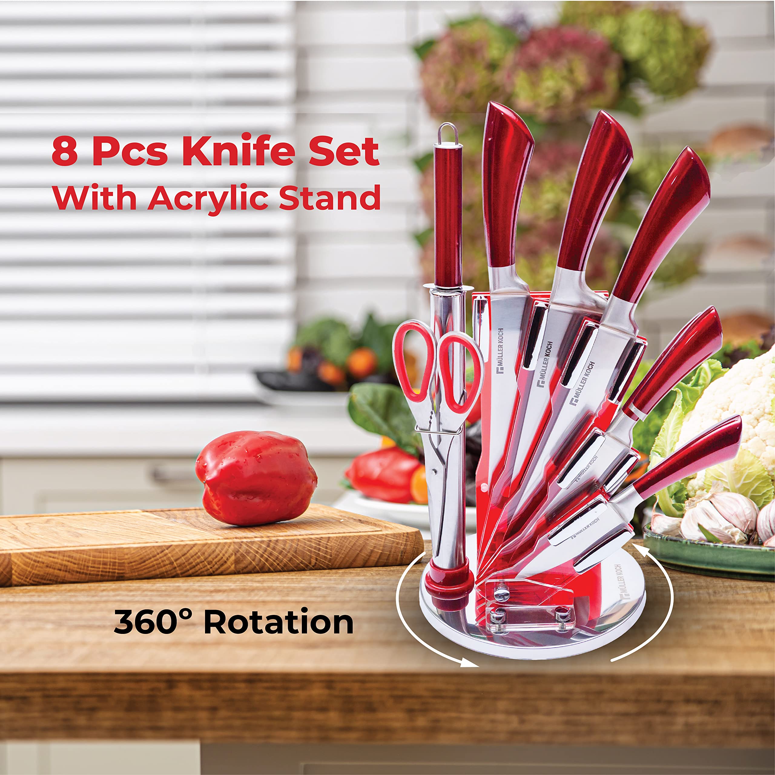 Müller Koch MK-2804 - 8 PCS Knife Set with Acrylic Block Stand (RED)