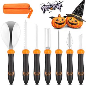 kdkd pumpkin carving kit 7pcs halloween professional sculpting, cutting and carving knife supplies for jack-o-lanterns,balck easy grip handle with orange pumpkin pattern.
