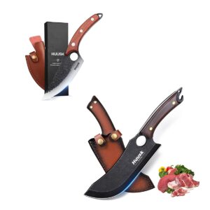 huusk japan knife set hand forged black meat cleaver for meat cutting viking knife with sheath outdoor cooking camping knife set