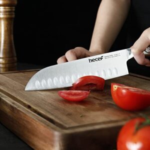 hecef 7 inch Santoku knife High Carbon Stainless Steel Japanese Chef Knife with Hammered Hollow Handle, Ultra Sharp Asian Chopping Kitchen Knife for Meat & Fish & Vegetable & Fruit