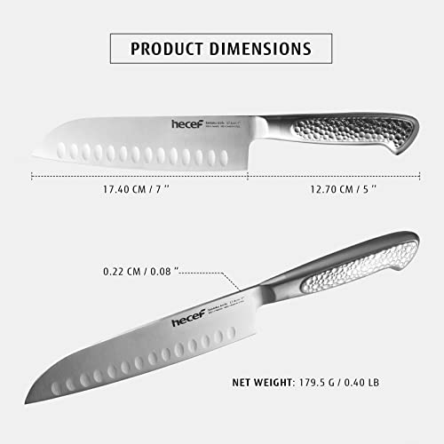 hecef 7 inch Santoku knife High Carbon Stainless Steel Japanese Chef Knife with Hammered Hollow Handle, Ultra Sharp Asian Chopping Kitchen Knife for Meat & Fish & Vegetable & Fruit