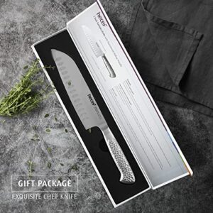 hecef 7 inch Santoku knife High Carbon Stainless Steel Japanese Chef Knife with Hammered Hollow Handle, Ultra Sharp Asian Chopping Kitchen Knife for Meat & Fish & Vegetable & Fruit