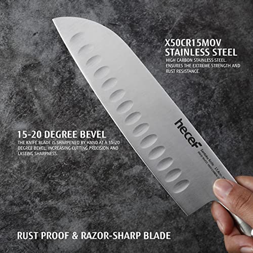 hecef 7 inch Santoku knife High Carbon Stainless Steel Japanese Chef Knife with Hammered Hollow Handle, Ultra Sharp Asian Chopping Kitchen Knife for Meat & Fish & Vegetable & Fruit