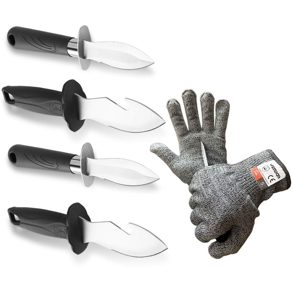 WENDOM Oyster Shucking Knife and Gloves Set Oyster Knife Shucker 4pcs Opener with Cut Resistant Gloves Level 5 Protection Seafood Tools Kit Black