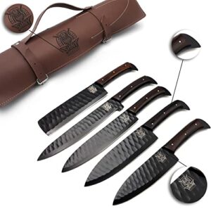 shiny crafts | handmade forged black coated kitchen knife set with wangi wood handle and damascus steel blade, chef’s knives set with leather pouch roll and razor-sharp blade (cs-13)