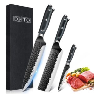 dfito chef knife set, 3 pieces hand forged kitchen knife set ultra sharp chef knife, cleaver knife, paring knife, high carbon stainless steel knife set,japanese knife set