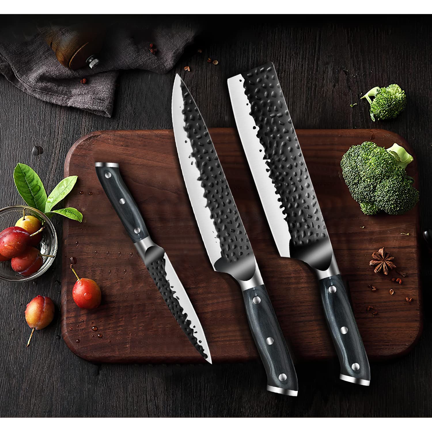 Dfito Chef Knife Set, 3 Pieces Hand Forged Kitchen Knife Set Ultra Sharp Chef Knife, Cleaver Knife, Paring Knife, High Carbon Stainless Steel Knife Set,japanese knife set