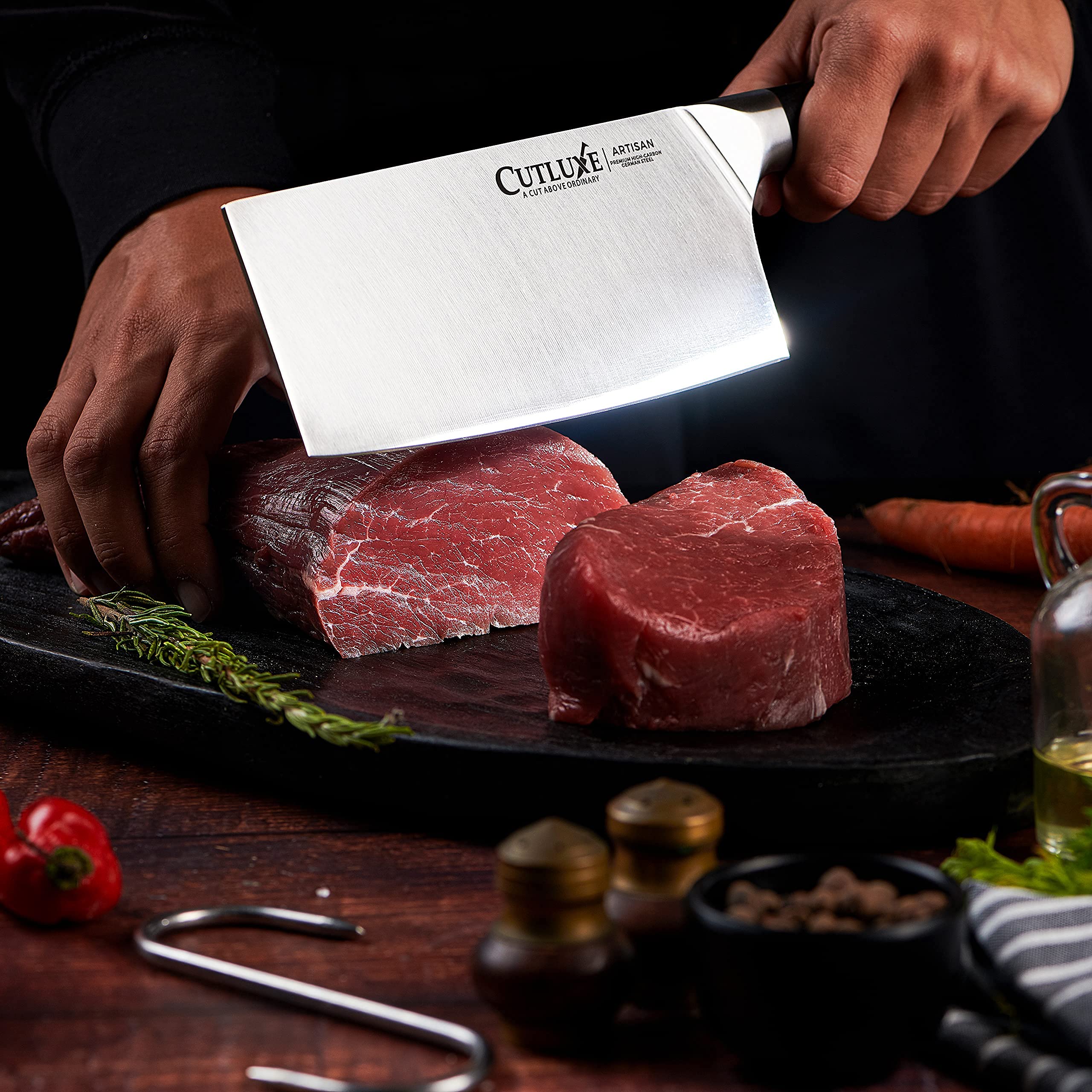 Cutluxe Cleaver Knife, Carving Knife & Chef Knife– Forged High Carbon German Steel – Full Tang & Razor Sharp – Ergonomic Handle Design – Artisan Series