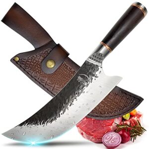 ritsu viking knife 8 inches with sheath, german high carbon stainless steel hammered blade with ebony handle for outdoor barbecue home kitchen