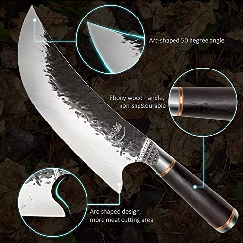 RITSU Viking Knife 8 Inches With Sheath, German High Carbon Stainless Steel Hammered Blade With Ebony Handle For Outdoor Barbecue Home Kitchen