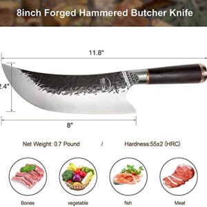 RITSU Viking Knife 8 Inches With Sheath, German High Carbon Stainless Steel Hammered Blade With Ebony Handle For Outdoor Barbecue Home Kitchen