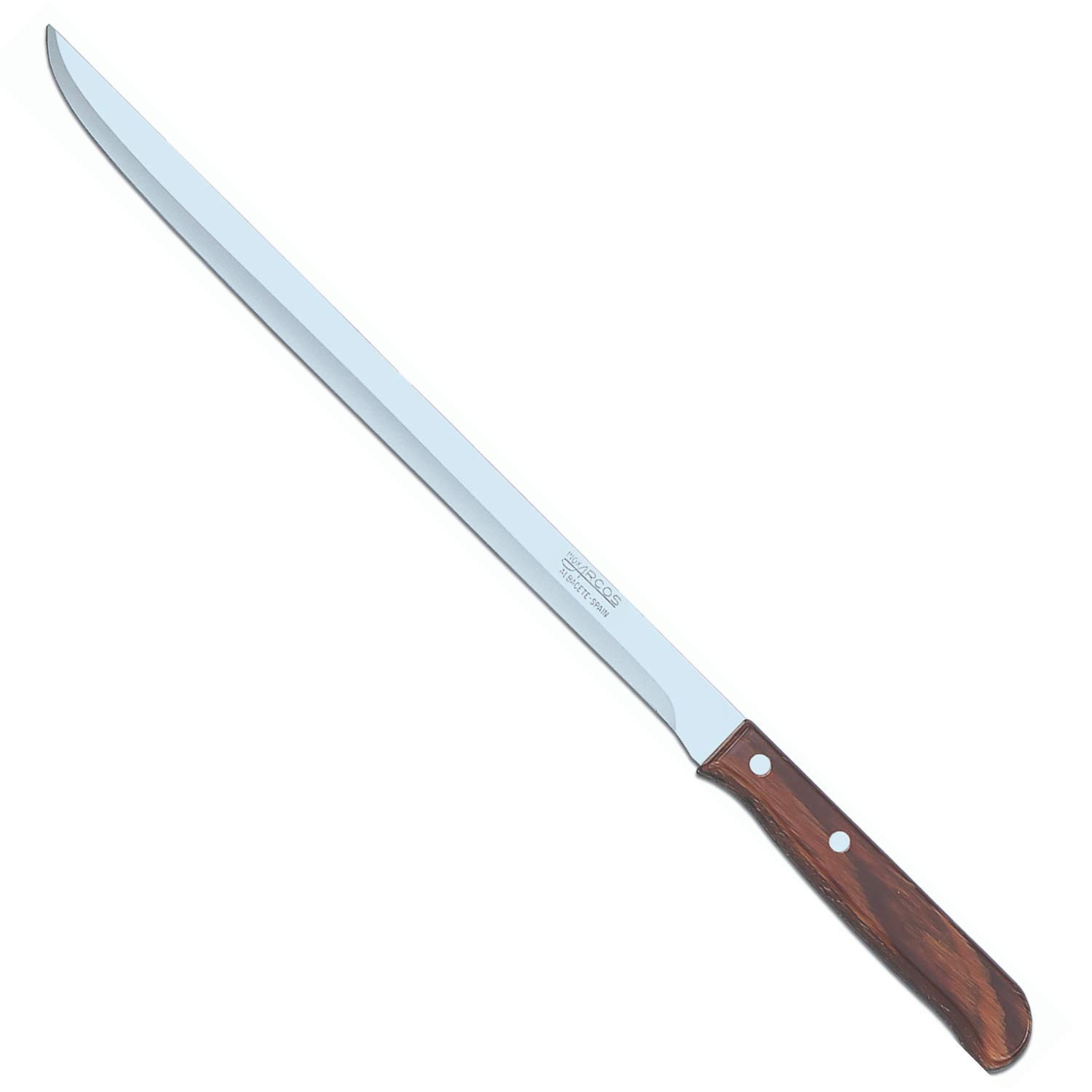 ARCOS Carving Knife 10 Inch Stainless Steel. Sharp Ham Slicer Knife to Cut Ham and Meat. Compressed Wood Handle and 250mm Blade. Series Latina. Color Brown