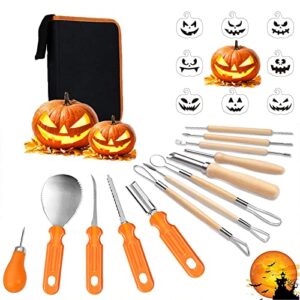halloween pumpkin carving kit,13 pieces professional stainless steel pumpkin carving tools kit with 8 carving stencils carrying case-carve jack-o-lanterns halloween decorations diy