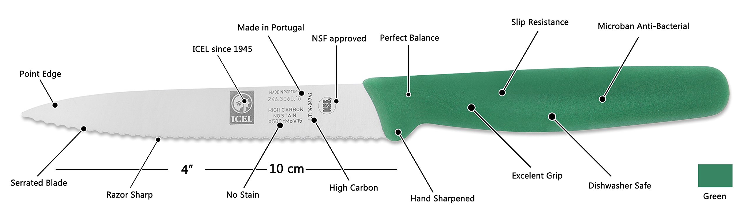 Icel Portugal Paring Knife 4-inch Serrated with Point Green Handle