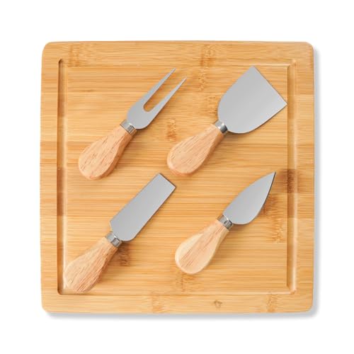 Yibidys Bamboo Cheese Board Set,Charcuterie Board Set with 4 Knives, Cheese Board and Knife Set with Slide-Out Drawer,House Average