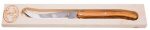 jean dubost rustic range cheese knife in a box, stainless steel blades, olive wood