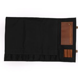 FAFOKitchen-Knife Roll - 12oz Heavy Duty Waxed Canvas & Top Grain Leather Roll Bag – 10 Slots - Interior and Rear Zippered Pockets – Carry Strap