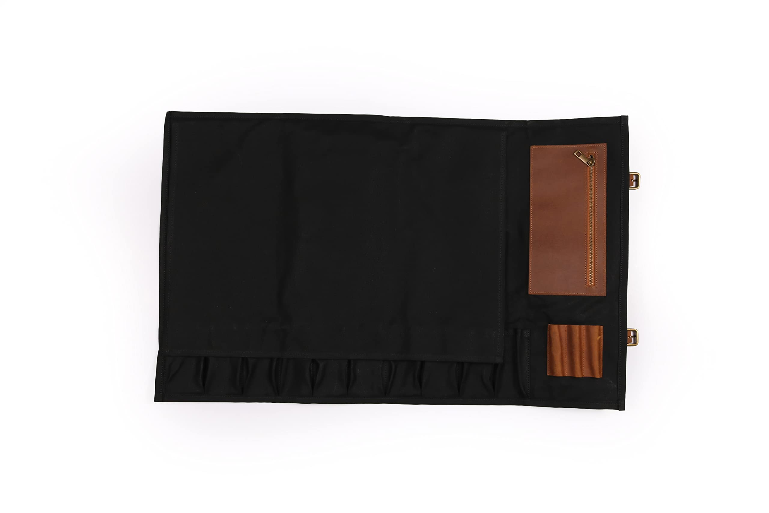 FAFOKitchen-Knife Roll - 12oz Heavy Duty Waxed Canvas & Top Grain Leather Roll Bag – 10 Slots - Interior and Rear Zippered Pockets – Carry Strap