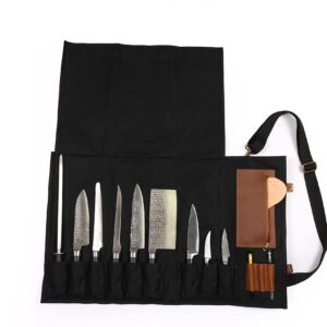 FAFOKitchen-Knife Roll - 12oz Heavy Duty Waxed Canvas & Top Grain Leather Roll Bag – 10 Slots - Interior and Rear Zippered Pockets – Carry Strap