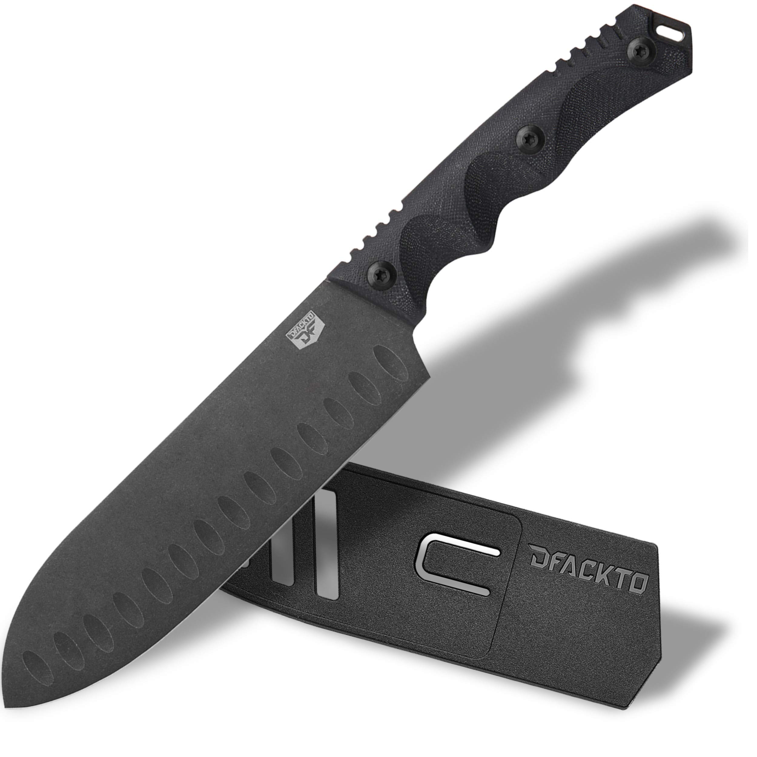 DFACKTO Interceptor 6.5 Inch Santoku Knife for Camping and Outdoor Kitchen, Stonewashed High Carbon Stainless Steel Black Knife, Full Tang Tactical G10 Handle, BBQ Utensil Cutlery