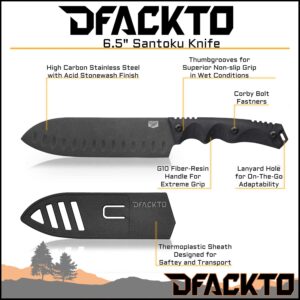 DFACKTO Interceptor 6.5 Inch Santoku Knife for Camping and Outdoor Kitchen, Stonewashed High Carbon Stainless Steel Black Knife, Full Tang Tactical G10 Handle, BBQ Utensil Cutlery