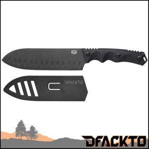 DFACKTO Interceptor 6.5 Inch Santoku Knife for Camping and Outdoor Kitchen, Stonewashed High Carbon Stainless Steel Black Knife, Full Tang Tactical G10 Handle, BBQ Utensil Cutlery