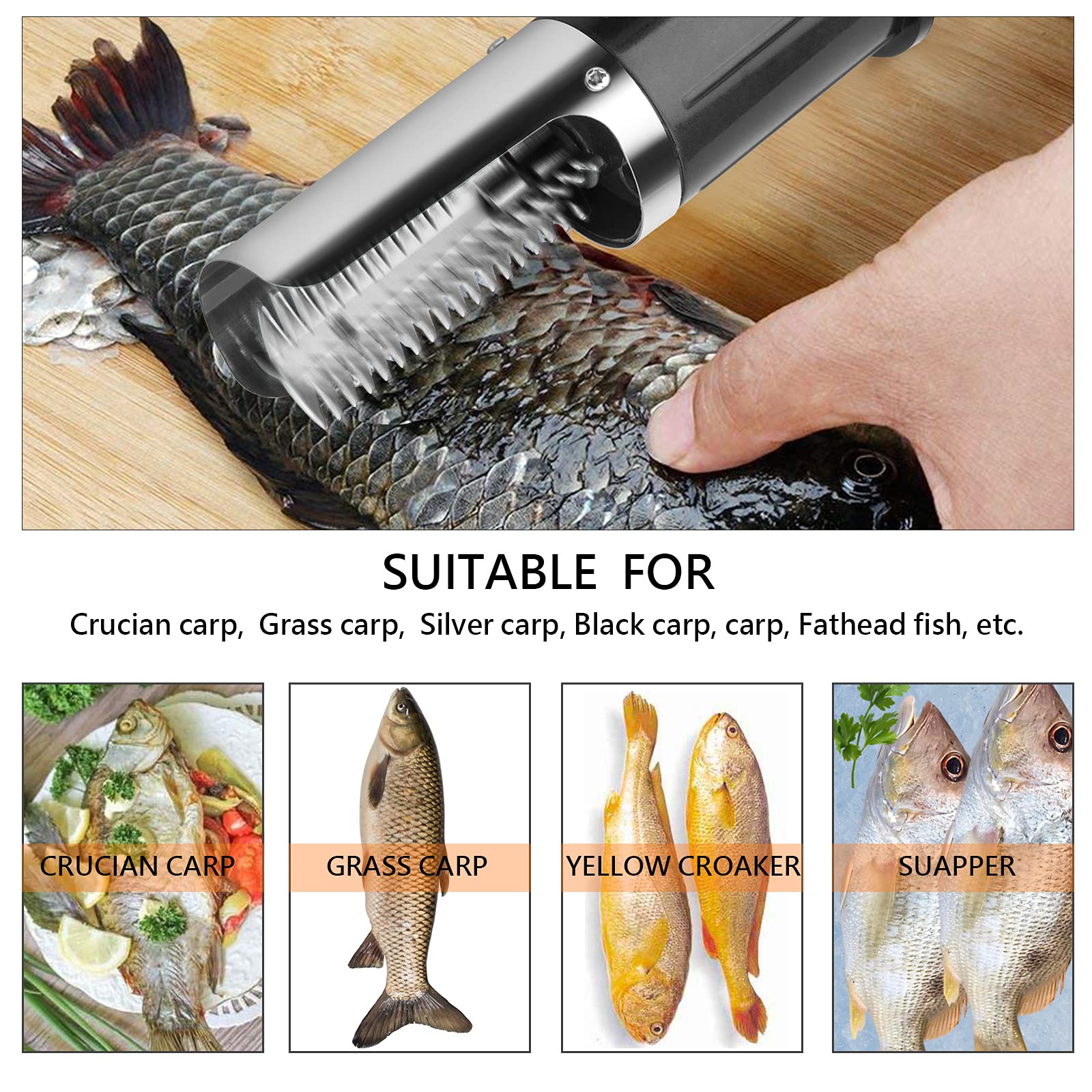 Quebuygo Electric Fish Scaler, Hand-held Cordless Powerful Electric Fish Scraper with Extra Stainless Cutter Head, Electric Descaler Fish Cleaner Tool Waterproof Design for Fish Market and Kitchen