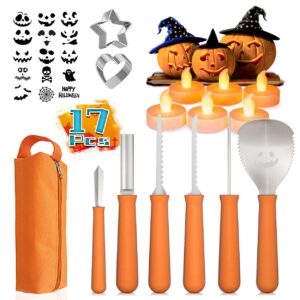 HOPEMATE 17 PCS Pumpkin Carving Kit for Kids&Adults with Witch Hats LED Candles Stainless Molds Pumpkin Carving Cutting Knife Set