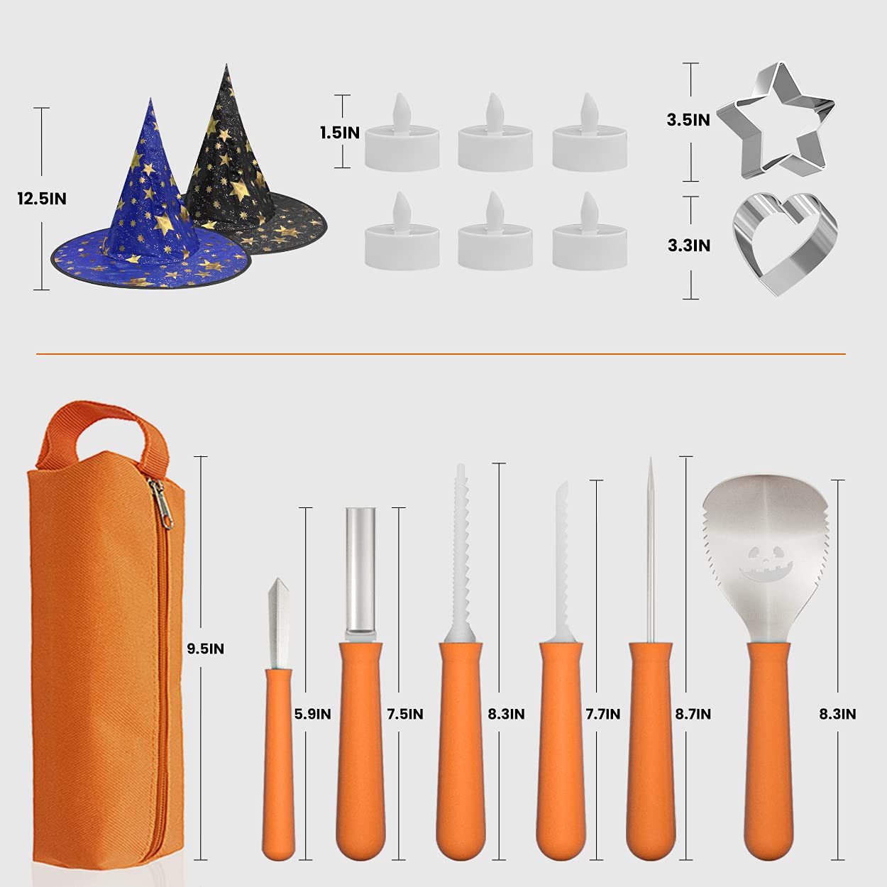 HOPEMATE 17 PCS Pumpkin Carving Kit for Kids&Adults with Witch Hats LED Candles Stainless Molds Pumpkin Carving Cutting Knife Set