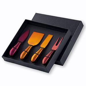buyer star 4 pack cheese knife set, stainless steel butter spreader knives set in gift box, rainbow red
