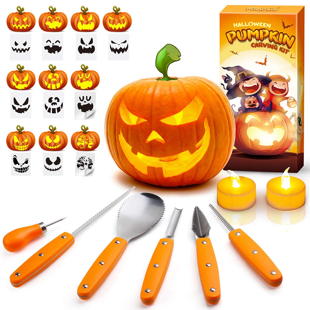 EPLST Halloween Pumpkin Carving Kit, 6 Pieces Heavy Duty Professional Stainless Steel Carving Tools Set for Halloween Decorations, Included 2 LED Candles & 10 Carving Stencils, Easily Sculpting Orange