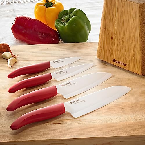 Kyocera 3-Piece Ceramic Knife Set: Includes 6-inch Chef's Knife, 5-inch Micro Serrated Knife, and 3-inch Paring Knife - Red Handles with White Blades