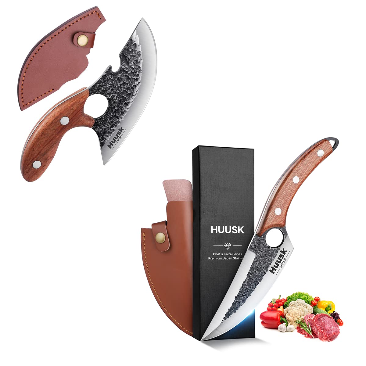 Huusk Upgraded 5.51 Inch Chef Knives Bundle with Small Meat Knife with Leather Sheath and Gift Box